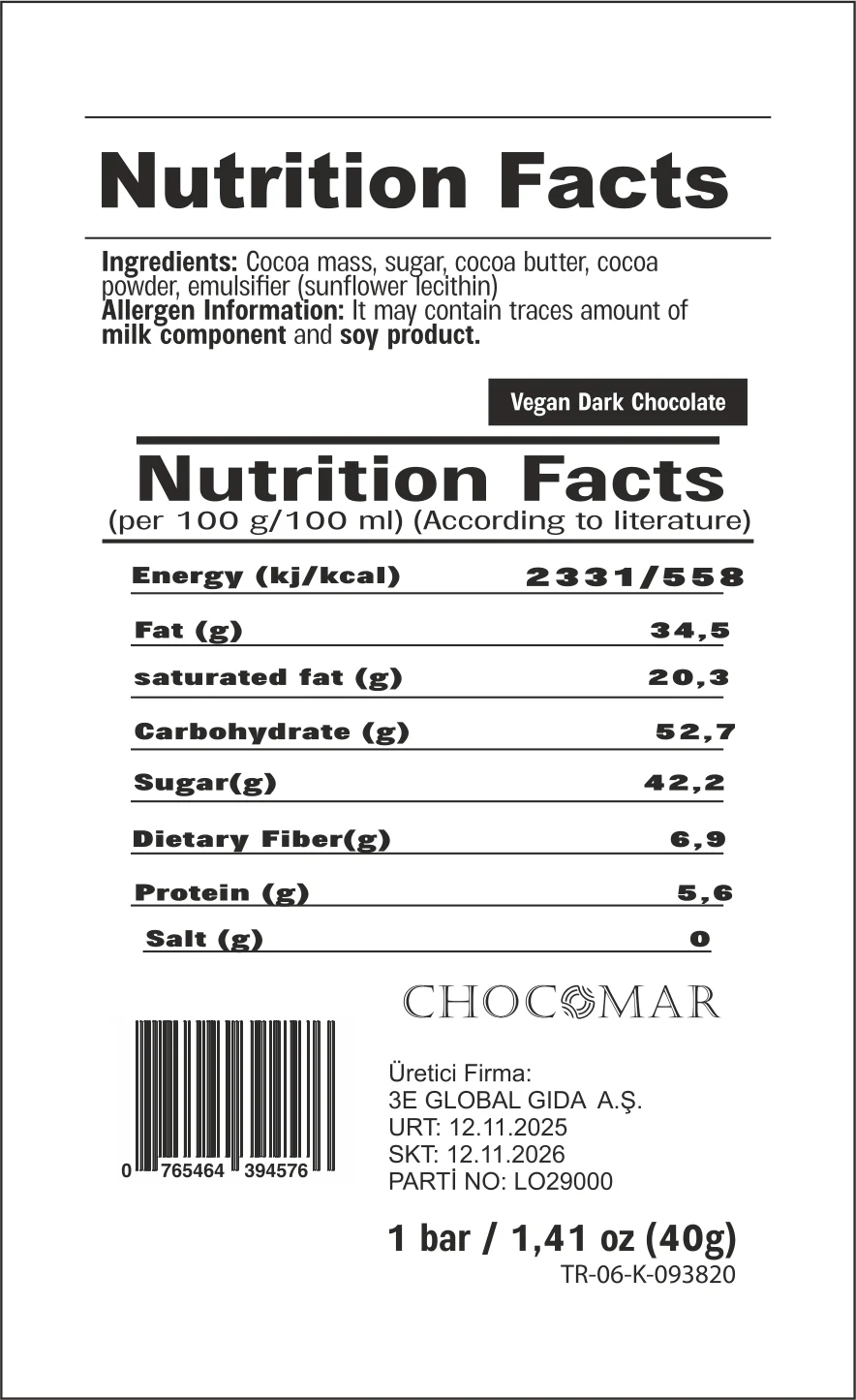 CHOCOMAR VEGAN DARK CHOCOLATE ( GLUTEN FREE) 