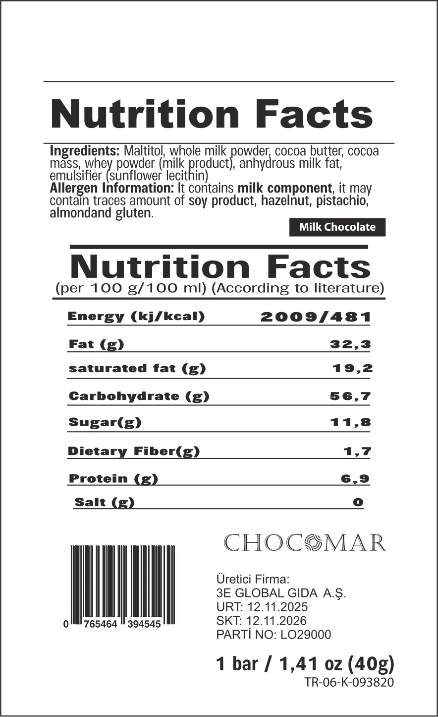 CHOCOMAR SUGAR FREE VEGAN CHOCOLATE 40 G