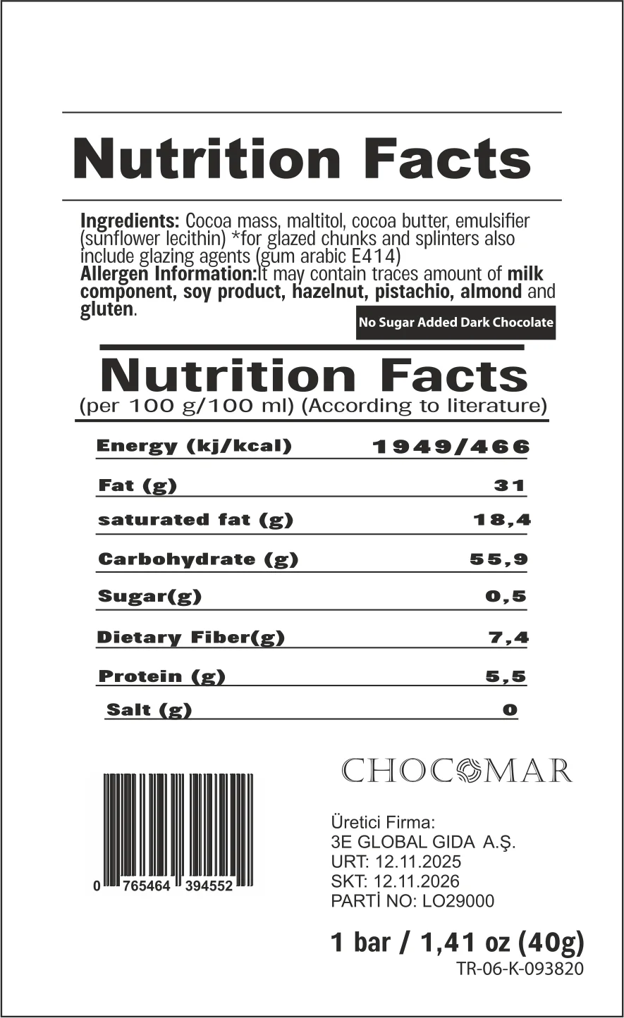 CHOCOMAR BİTTER SUGAR FREE ( ŞEKERSİZ )  CHOCOLATE 40 G 